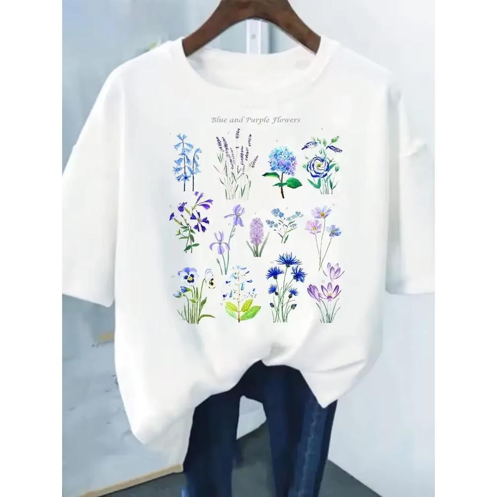 Flower Print Fashion Plant Trend Lovely print ladies T-shirt casual basics O-collar Black shirt short sleeve ladies T-shirts