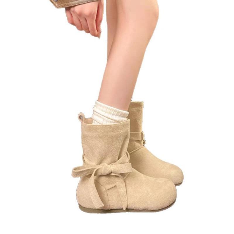 Retro Fashion Versatile Short Tube Thin Boots Autumn Round Head Bow Soft Sole Comfortable Lace-up Martin Boots Women