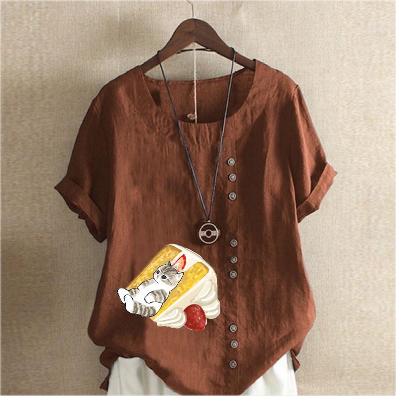 Women's Fashion Bread Cat Prined Short Sleeve T-shirt Loose Cotton Shirt Casual Loose Summer Blouse Tops Plus Size