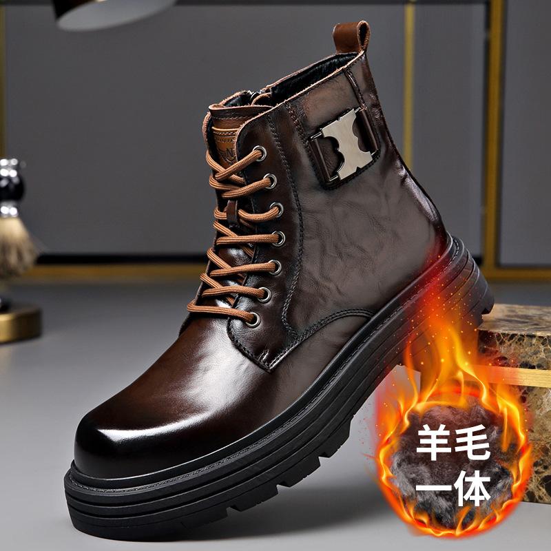 New Designer Genuine Leather Boots for Men Autumn Winter British Wool Motorcycle Boots Man Fashion Casual Platform Shoes Male