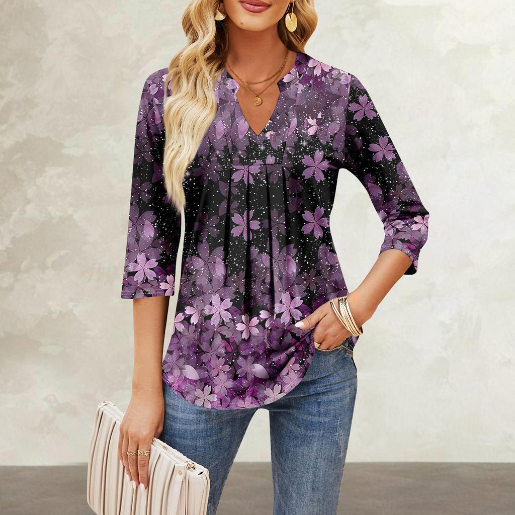 Damen-Oberteile mit Siebenviertel-Ärmeln, lässig, V-Ausschnitt, Rüschen auf der Brust, Druck, lockere T-Shirt-Oberteile