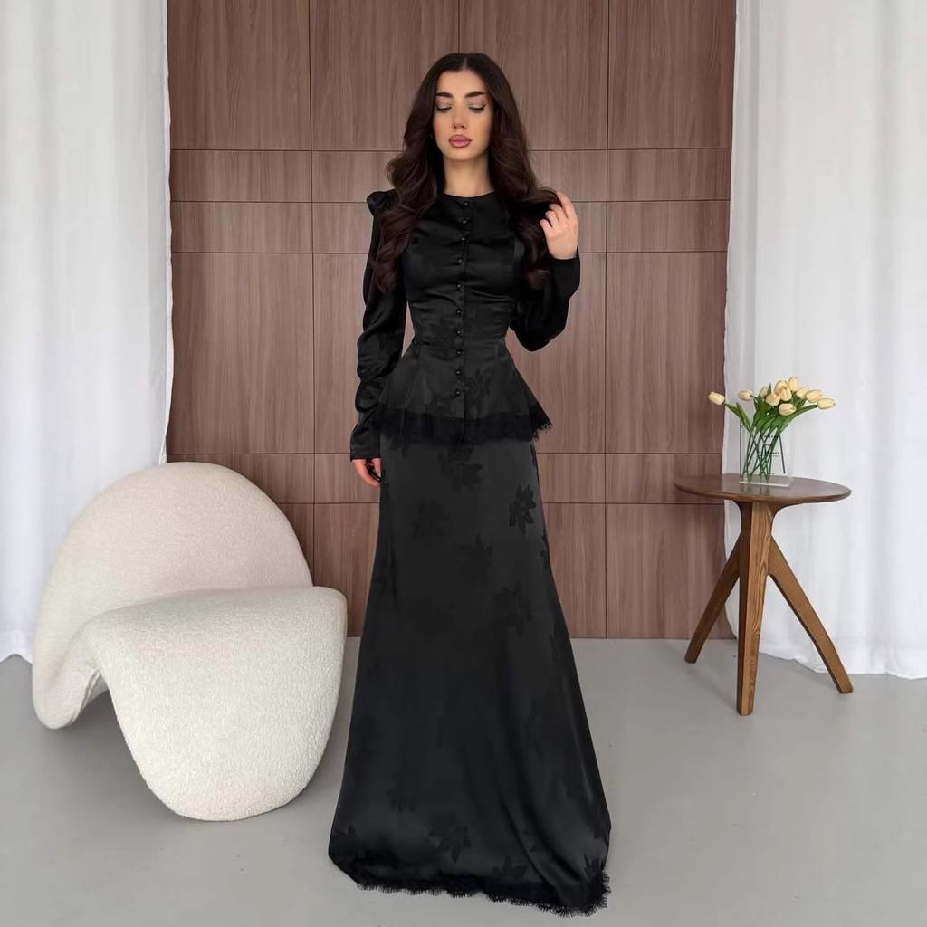 Spring and Autumn New European, American, Amazon Cross-border Solid Color Short Top Long Skirt Small Black Skirt Two-piece Set