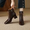 Mote Høst/Vinter Dame Støvletter Firkantet Tå Høy Hæl Sko for Kvinner Svarte Lærstøvletter Dame Snøring Håndlagde Sko Botas de mujer