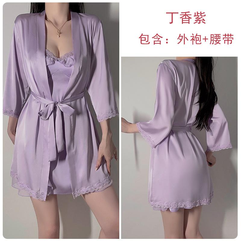 Women's Satin Mesh Lace Padded Backless Cami Sleep Dress with Robe Lounge Set