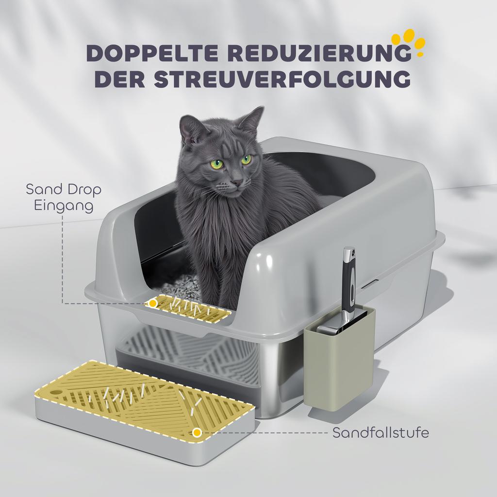 Cat Litter Box, Cat Toilet, Stainless Steel, High Walls, Storage Box, Light Gray