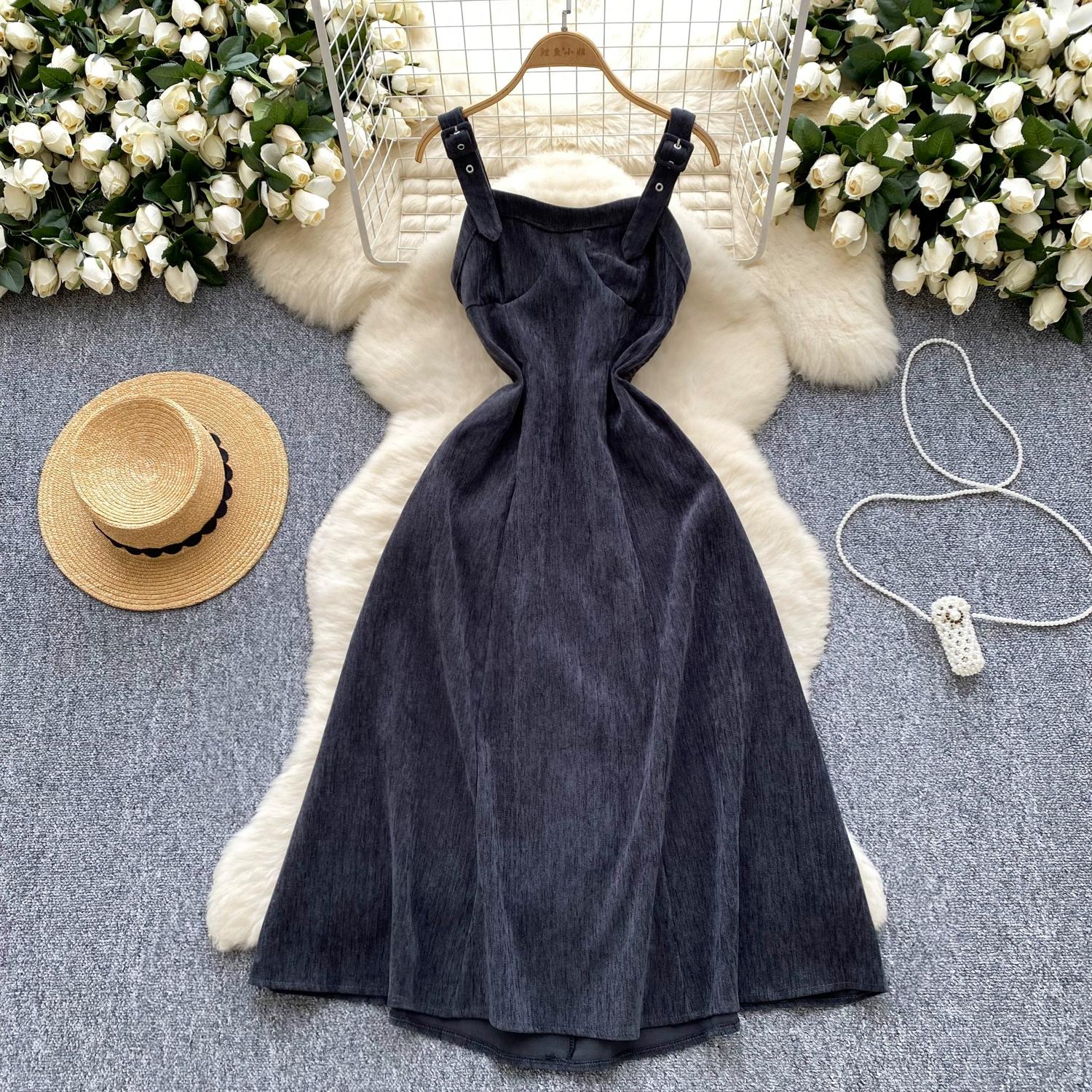 

Осень Зима Англия Винтажный Стиль Женские Платья Миди на Тонких Бретелях из Вельвета M серый