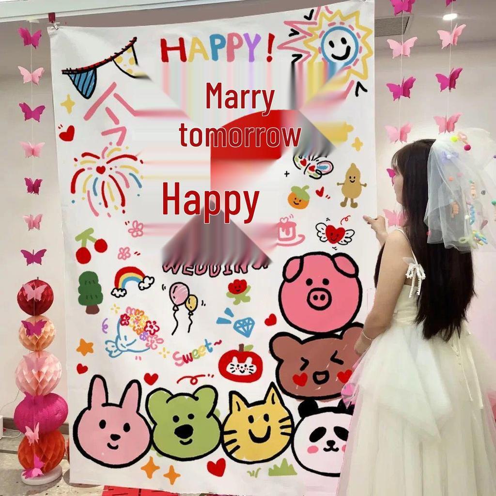 Honeymoon Wedding Room Decoration Set: Double Happiness Curtains, Butterfly Ornaments, and Long Strip Pull Flowers for Bedroom & Living Room.