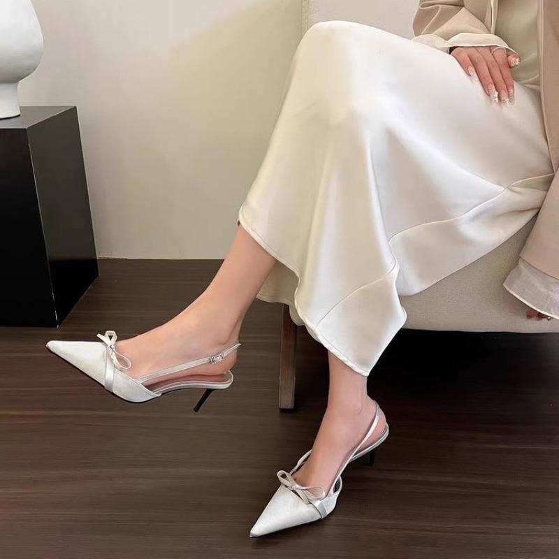 Fashion Satin Pointed Toe High Heeled Sandals Women Summer New Sexy Thin Heels Slingback Shoes Bow Elegant Party Dress Shoes Women Pumps