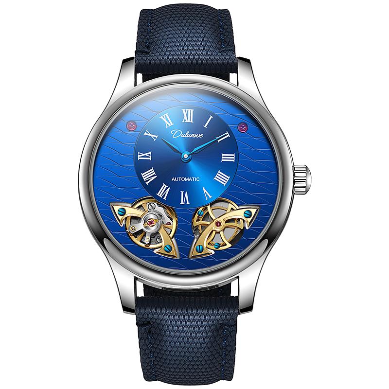 

Мужские часы с двойным маховиком, полые, скелетон, автоматические, механические, модные, с кожаным ремешком, наручные часы синий