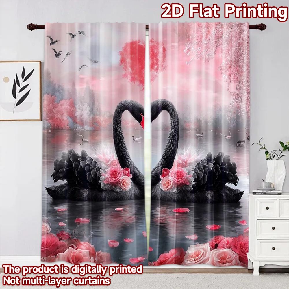 2D flat printing 2pcs Curtain Drapes Valentine's Black Swan Love Digital Printed Polyester Drapes Party Decorations for Indoor