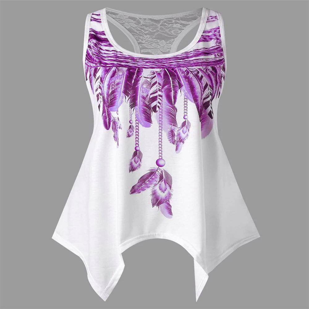 

Feather Print Lace T-shirt Summer Round Neck Sleeveless Top S