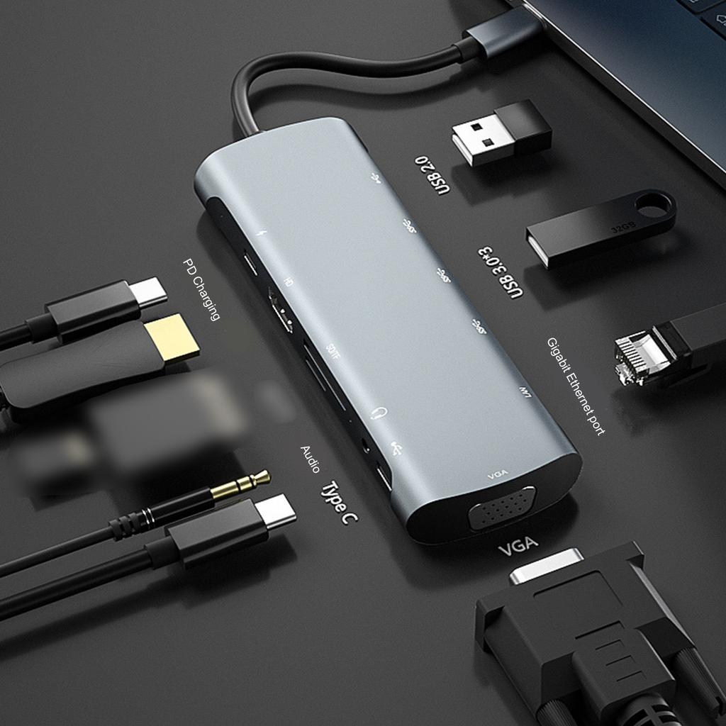 12-in-1 Hub Docking Station Type C To PD HD VGA USB3.0*3 USB2.0 RJ45 CAR CARD CARD
