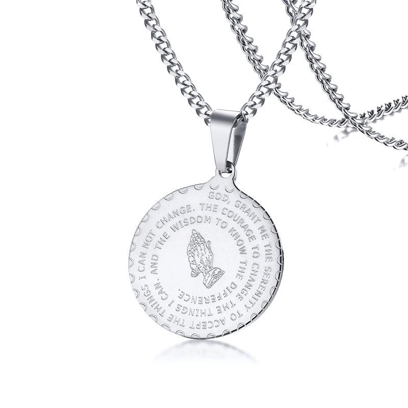 Men Stainless Steel Disc Pendant Praying Hands Bible Verse Prayer Medal Necklace Jewelry серебряный