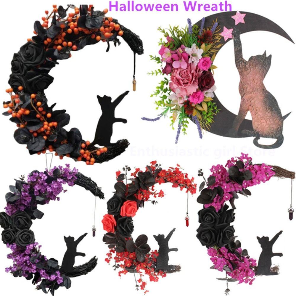 Cat Welcome Sign Moon Shaped Door Hanging Decorations Halloween Wreath  Indoor Outdoor Decorations