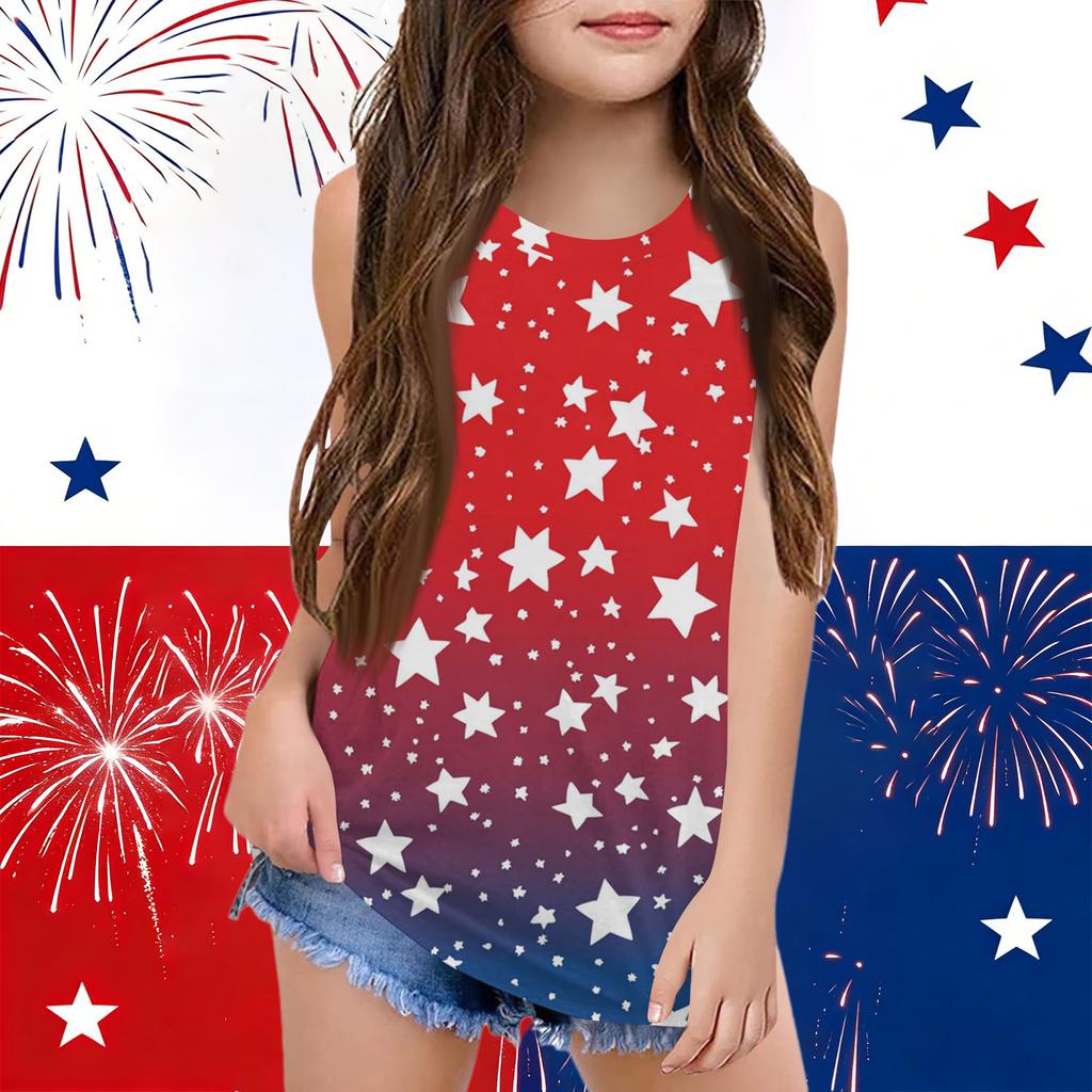 Girls  Kids Summer Crewneck Sleeveless Shirts Tank Tops Independence Day