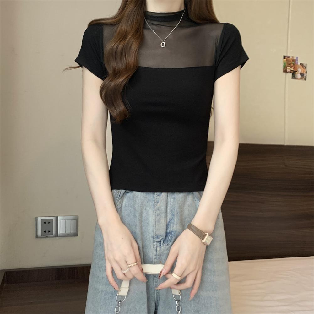 Summer Pure Cotton Mesh Splicing T Shirt for Women Solid O-neck Short Sleeve T-shirts Perspective Slim Elastic Skinny Black Tops