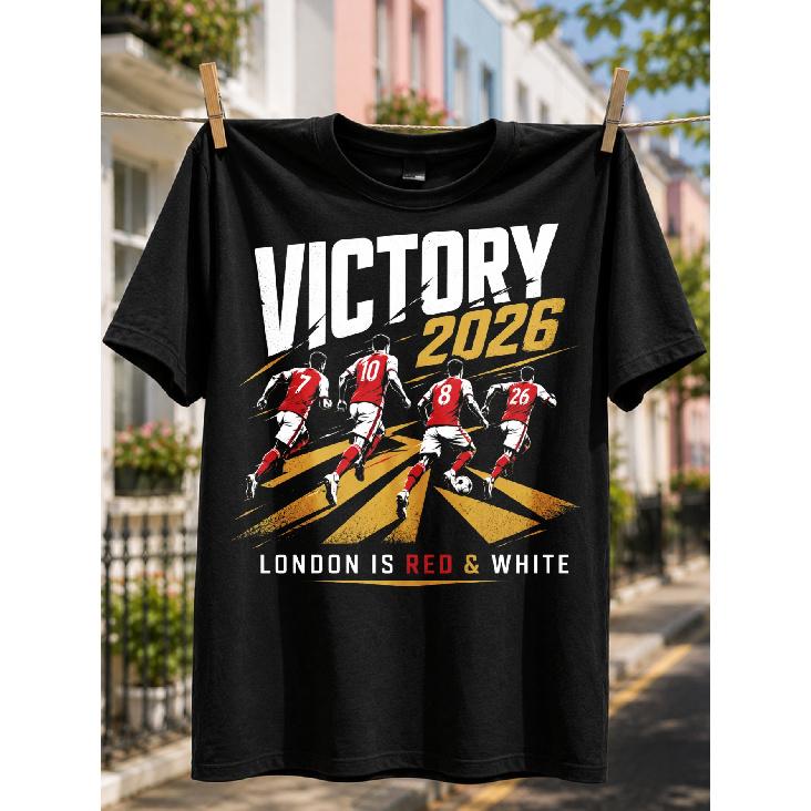 Victory 2026 London Is Red & White Unisex T-shirt, Sprinting Players Number Graphic, Energetic Fan Style S чёрный