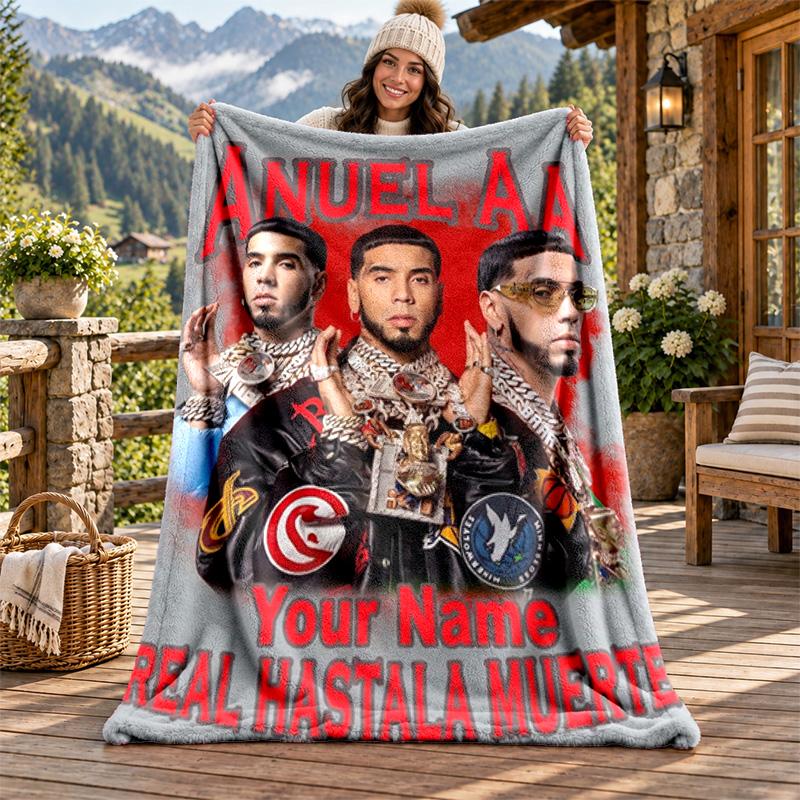 Anuel AA Custom Name Flannel Blanket Personalized Soft Warm Plush Throw Blanket Customized Gift for Family Friends