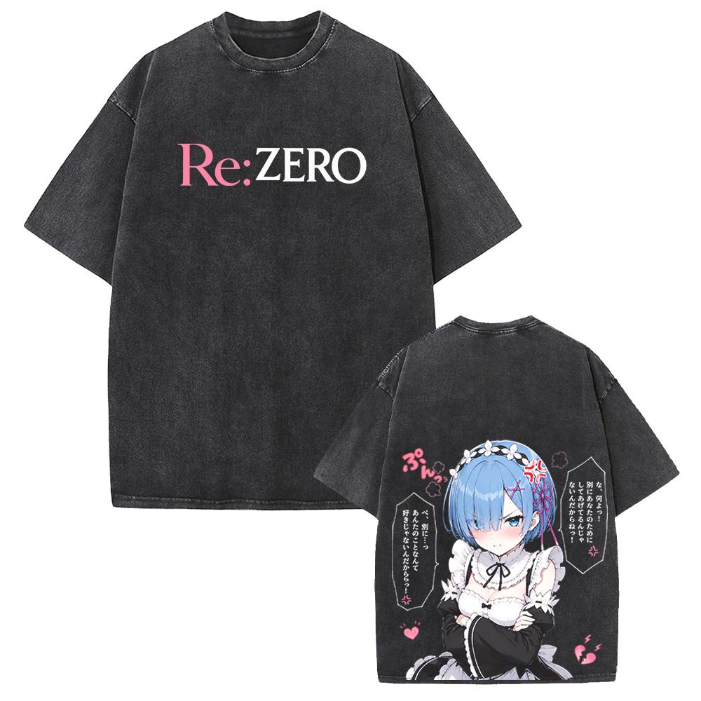 Cute Rem Re:ZERO Anime Printed T-shirt Harajuku Vintage Washed T Shirt Men Clothing Oversized Short Sleeve Cotton Tees Tops
