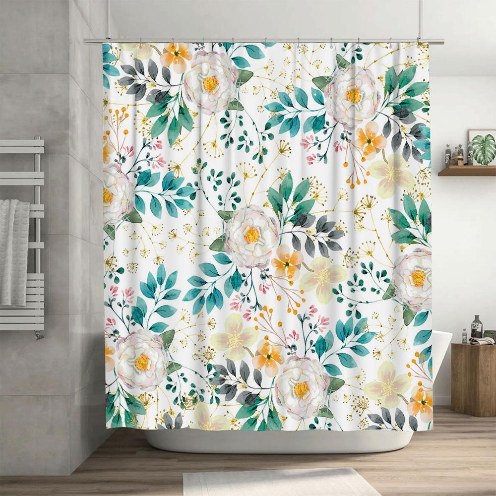 White Floral Shower Curtain Modern Bath Decor With Green Leaves Washable Fabric For Bathroom Various Sizes Available