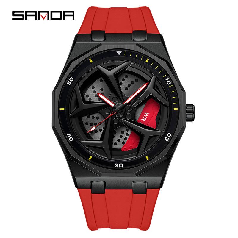SANDA Men's Waterproof Luminous Polygonal Quartz Watch with 3D Rotating Dial and Silicone Band
