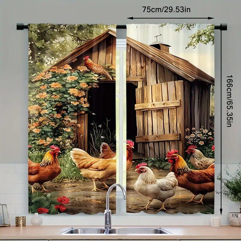 Set Of 2 Retro Country Style Chicken Coop Patterns Printed Curtains Window Decorations Home Room Made Polyester