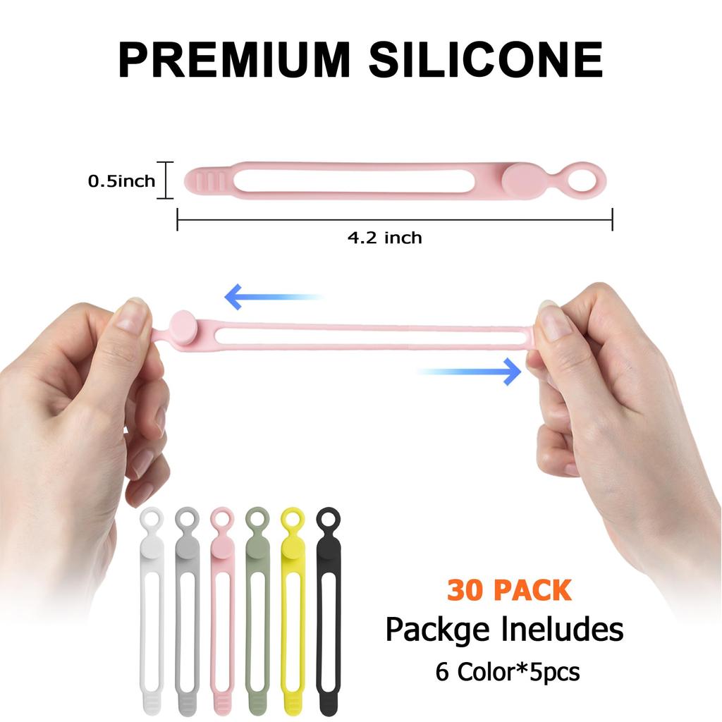 24Pcs Silicone Cable Ties for Bundling Earphone, Phone Charger, Computer Cords, Reusable Cord Organizer Cable Management 6 Color