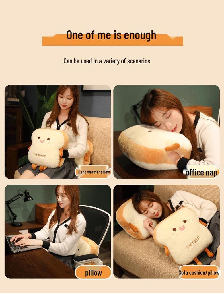 Plush Rabbit Fur Hand Warmer & Pillow - Cute Toast Bread Design