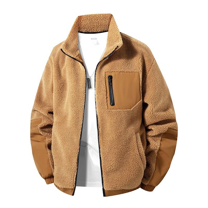 Mens Fleece Jacket Color Block Warm Winter Outerwear Loose Fit Stand Collar Multi Pocket Casual Coat