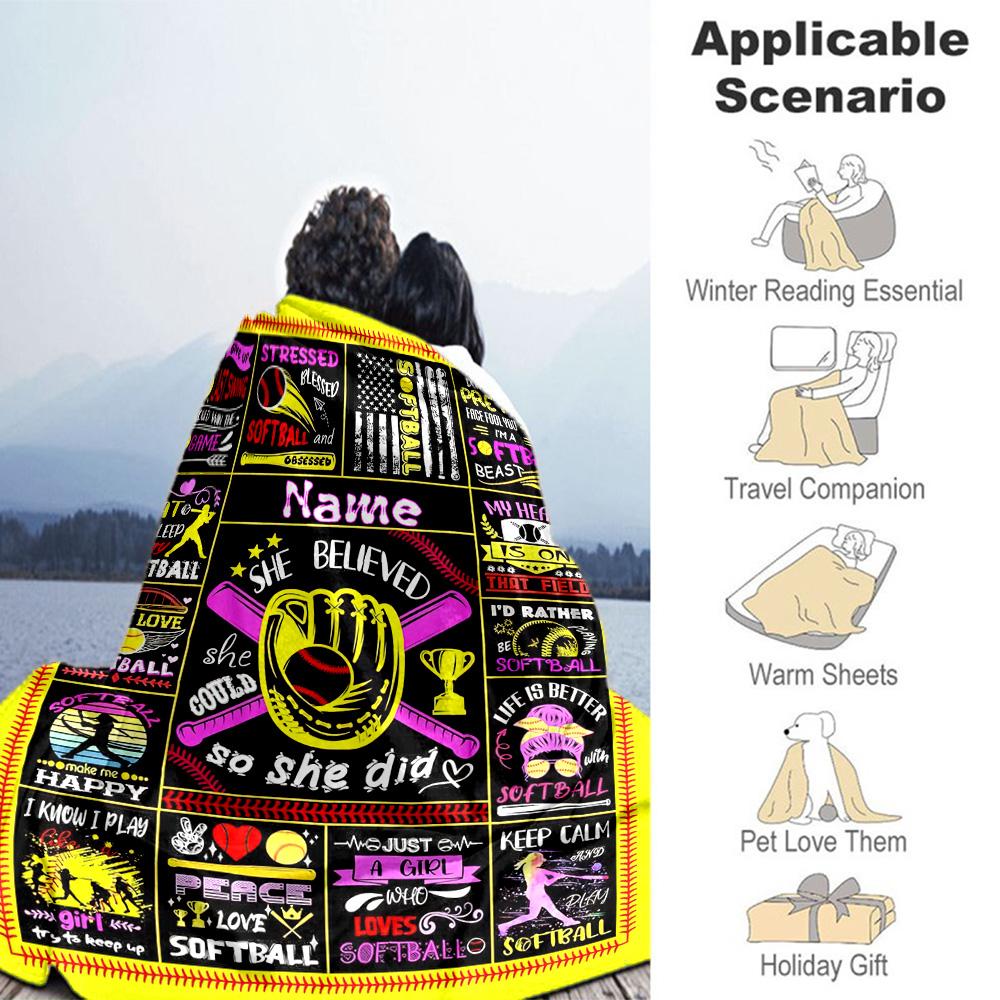 Yellow Pink Softball Personalized Name Blanket Lightweight Customizable Blanket Ultra-Soft Suitable for Home Decor Bed Office Chair Sofa