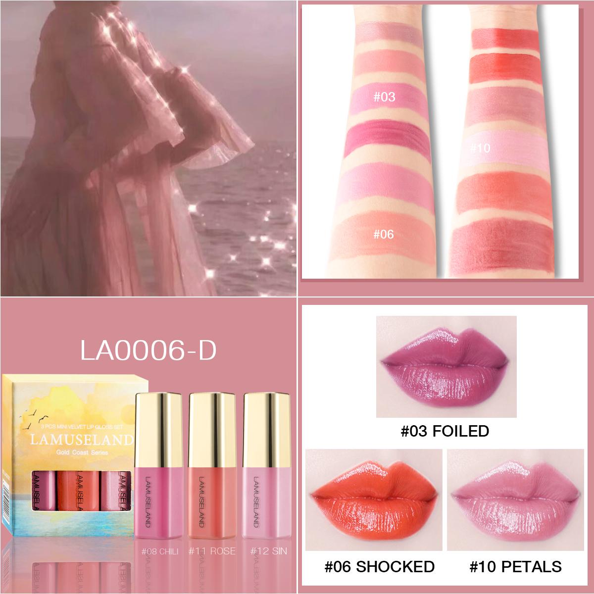 

LAMUSELAND 3 шт./компл. серия Gold Coast, бархатный увлажняющий блеск для губ, увлажняющая жидкая помада для губ, макияж