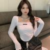 Women's Skinny Blouse Square Neck Pullover T-Shirt Tunic Stylish Long Sleeve Short Length Basic Top Casual Cropped Tops