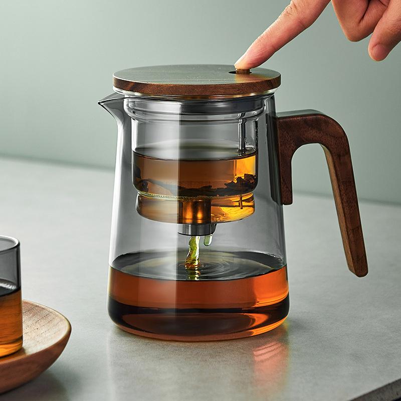 One Click Tea Separation Filtration Glass Teapots With Wood Handle Tea Water Separation Inner Container Tea Pot With Infuser