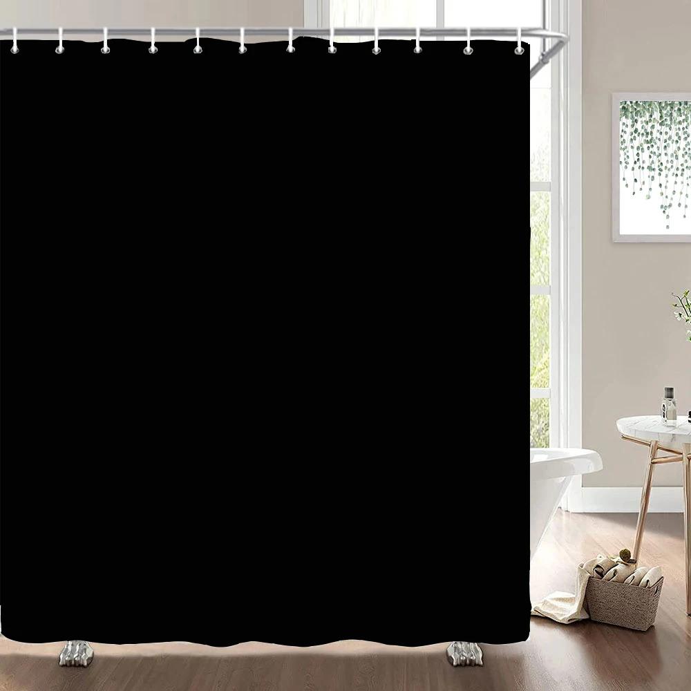 1Pcs Black Gray White Solid Color Printed Fabric Waterproof Shower Curtain, Home Decoration Bathroom Curtain, With Hooks