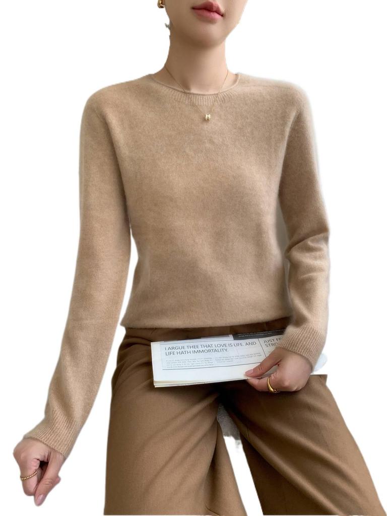 Women's Solid Color Cashmere Sweater - Rolled Hem, Round Neck, Long Sleeve, Loose Fit.