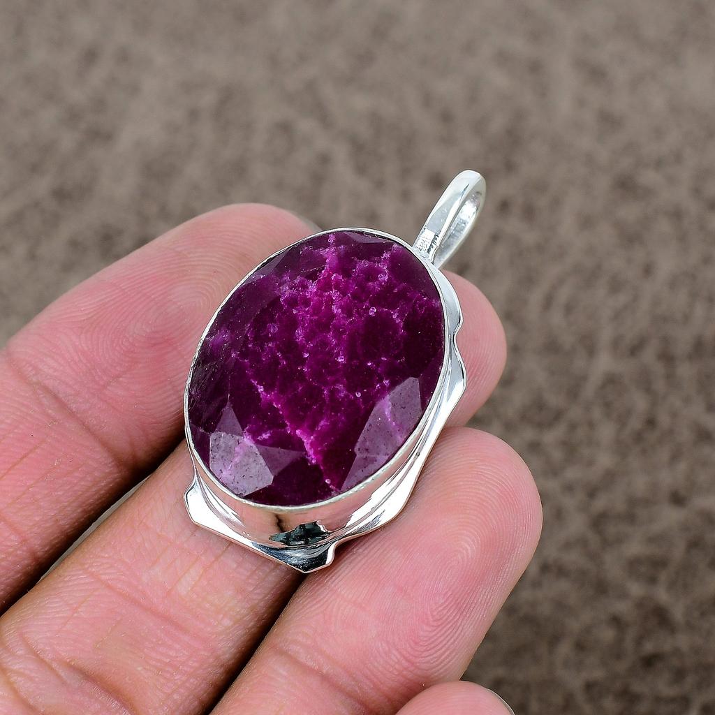 Red Jade Gemstone Handmade 925 Sterling Silver Jewelry Pendant 1.81" KKG-358