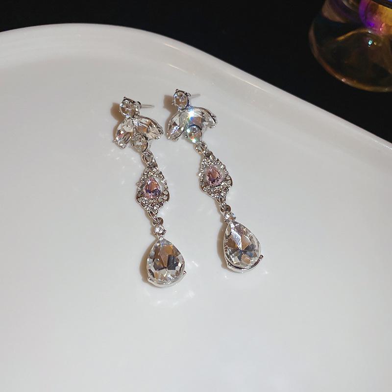 Super flash diamond-set water drop fringed necklace earrings set fashionable versatile collarbone chain jewelry