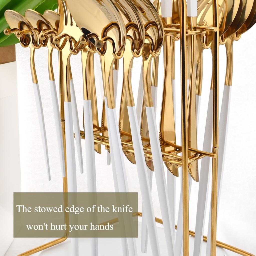 24stk sort gull servisesett rustfritt stål bestikksett kjøkkengaffel kniv skjeer servisesett bestikksett sølvtøy stativ