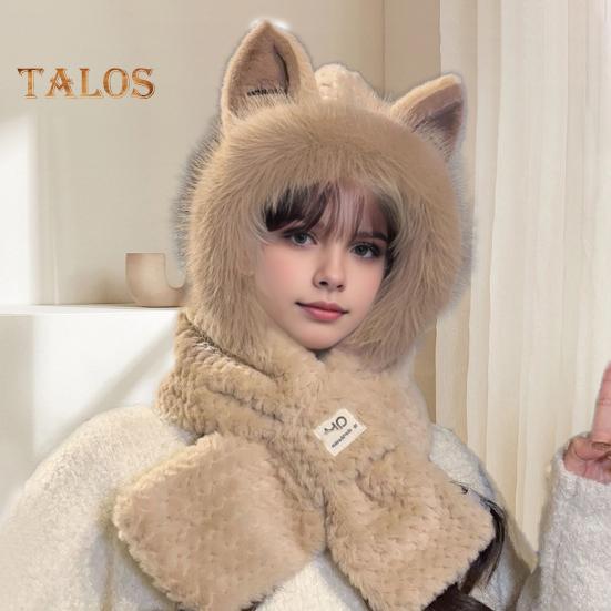 Women Winter Integrated Hat And Scarf Thick Fleece Warm Cartoon Fox Ear Decor Windproof Full Protection Outdoor Travel Cold Weather Snowboarding