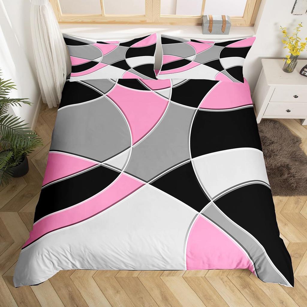 Round Geometric Bedding Set Green Gray Black Abstract Art Bedspread Comfortable Three-Piece Set