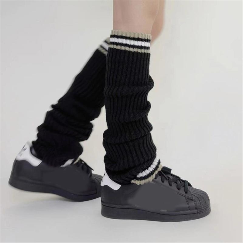 Student Vintage Double Striped Ribbed Knit Leg Warmers Slouch Leg Covers Boot Cuffs Stretchy Long Boot Socks for Women