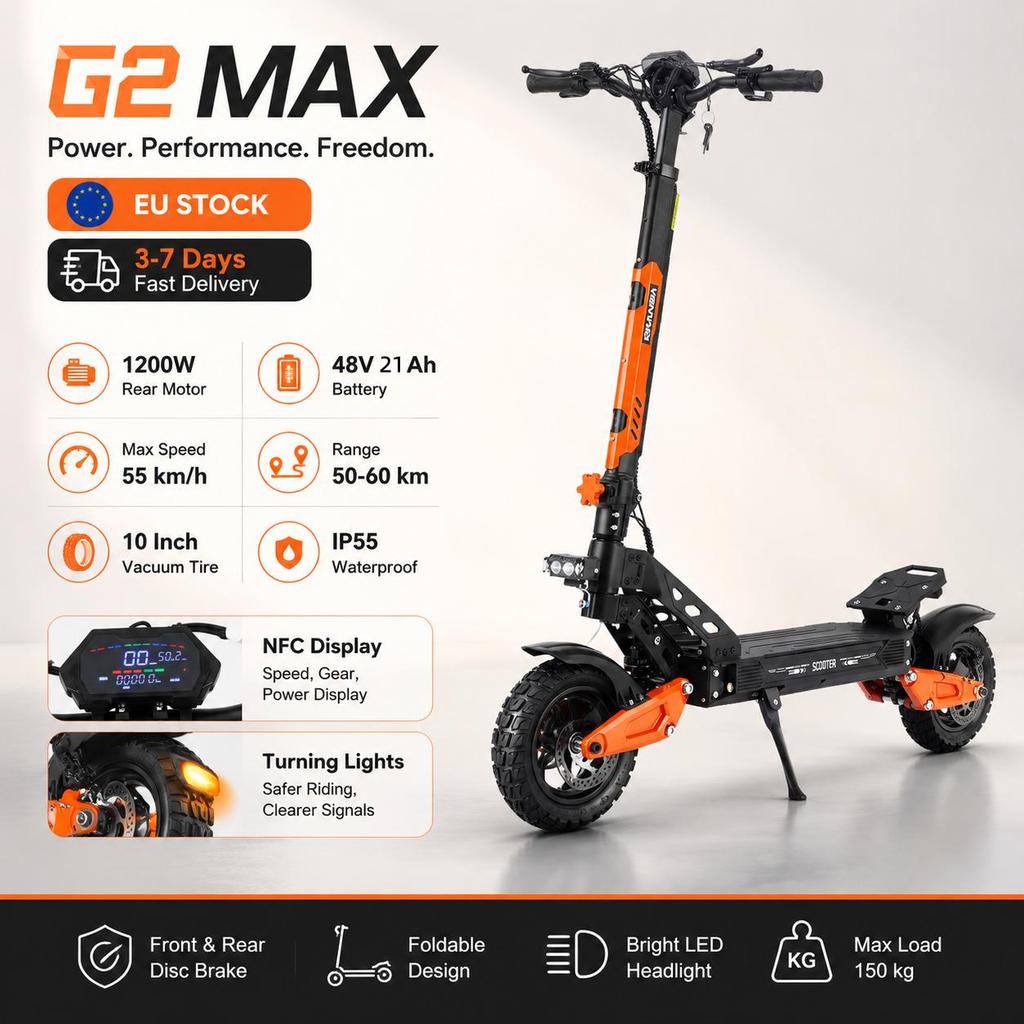 G2 MAX 1200W 48V 21ah 55 KM/H elektrische step, opvouwbaar, met zadel, voor stads- en off-road gebruik E Scooter