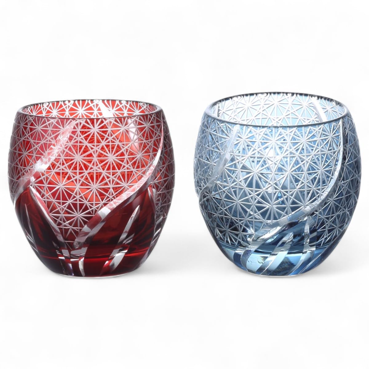 

Mizukage Kiriko Pair Glass Cups for Cold Ranbori Komon Red Ink Bishou Current Model J-kitchens Egg-Shaped Sake, 5.5×5.9cm, 100cc, Pattern, & Blue,