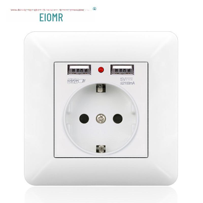 Curved White European Standard Socket Panel with Double USB & Type C, German Switch, Concealed Installation