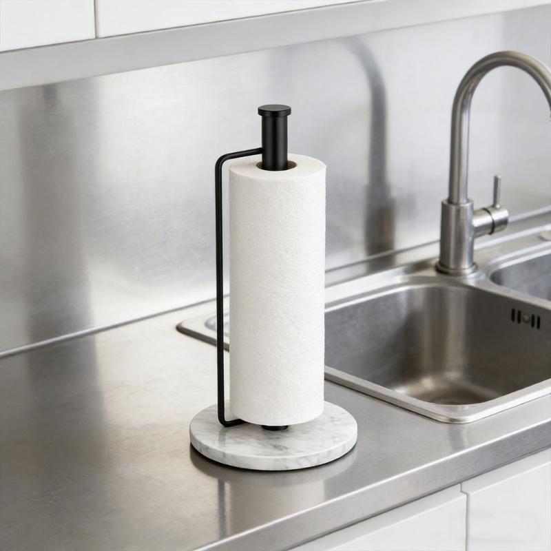 Steel & Marble Kitchen Paper Towel Holder with Not Slip Base Elegant Marble Base Paper Towel Rack for Countertops Storage