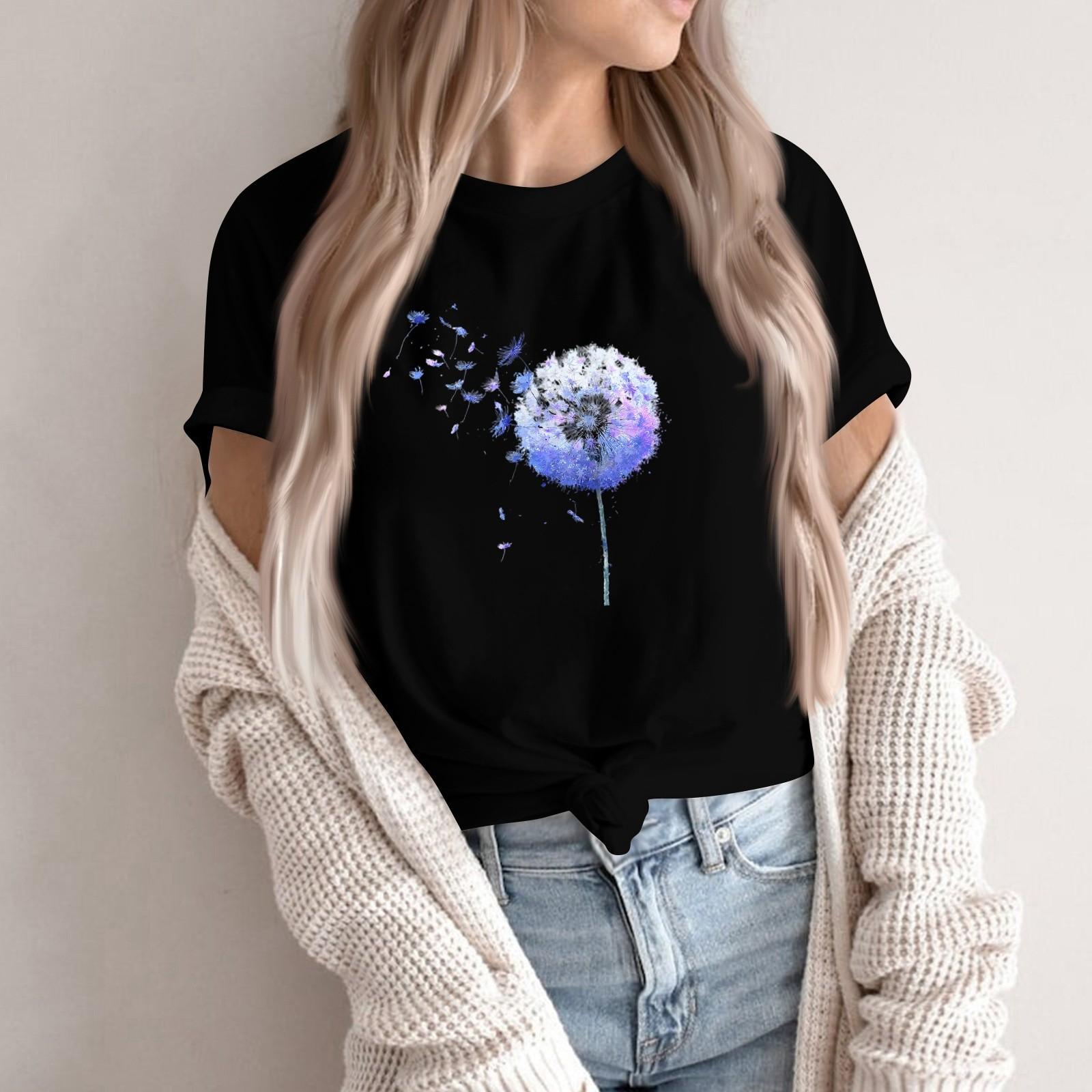 

Women s Fashion Casual Printed Round Neck Short Sleeved Pullover T-Shirt Top S чёрный