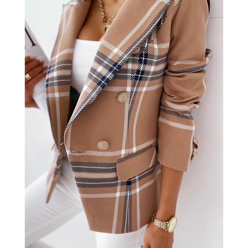 New Fashion Women's Small Suit Jacket Autumn Temperament Commuting Double-breasted Plaid Print Long-sleeved Jacket