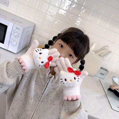 Winter New Color Blocked Children's Gloves Cartoon Cute Kt Cat Sanrio Warm Gloves Plush Finger Gloves