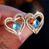 Cute Female Crystal Water Blue Zircon Round Stone Love Heart Stud Earrings Gold Color Wedding Jewelry For Women