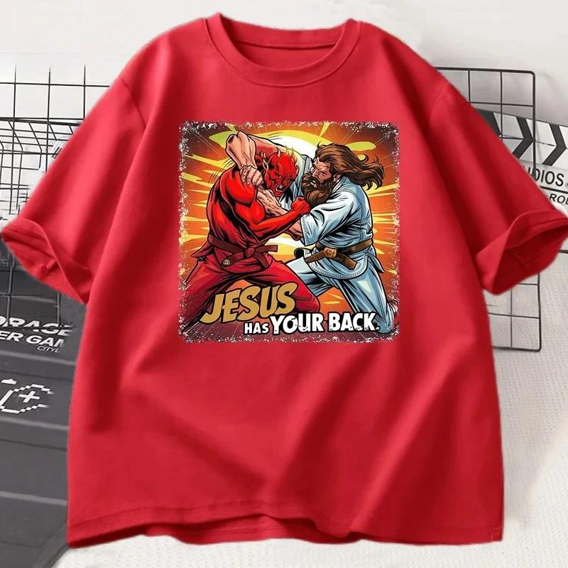 

Jesus Has Your Back Jiu Jitsu Retro Christian TShirt Womens Short Sleeve Tshirt Streetwear Unisex Clothing Graphic Tees 4XL